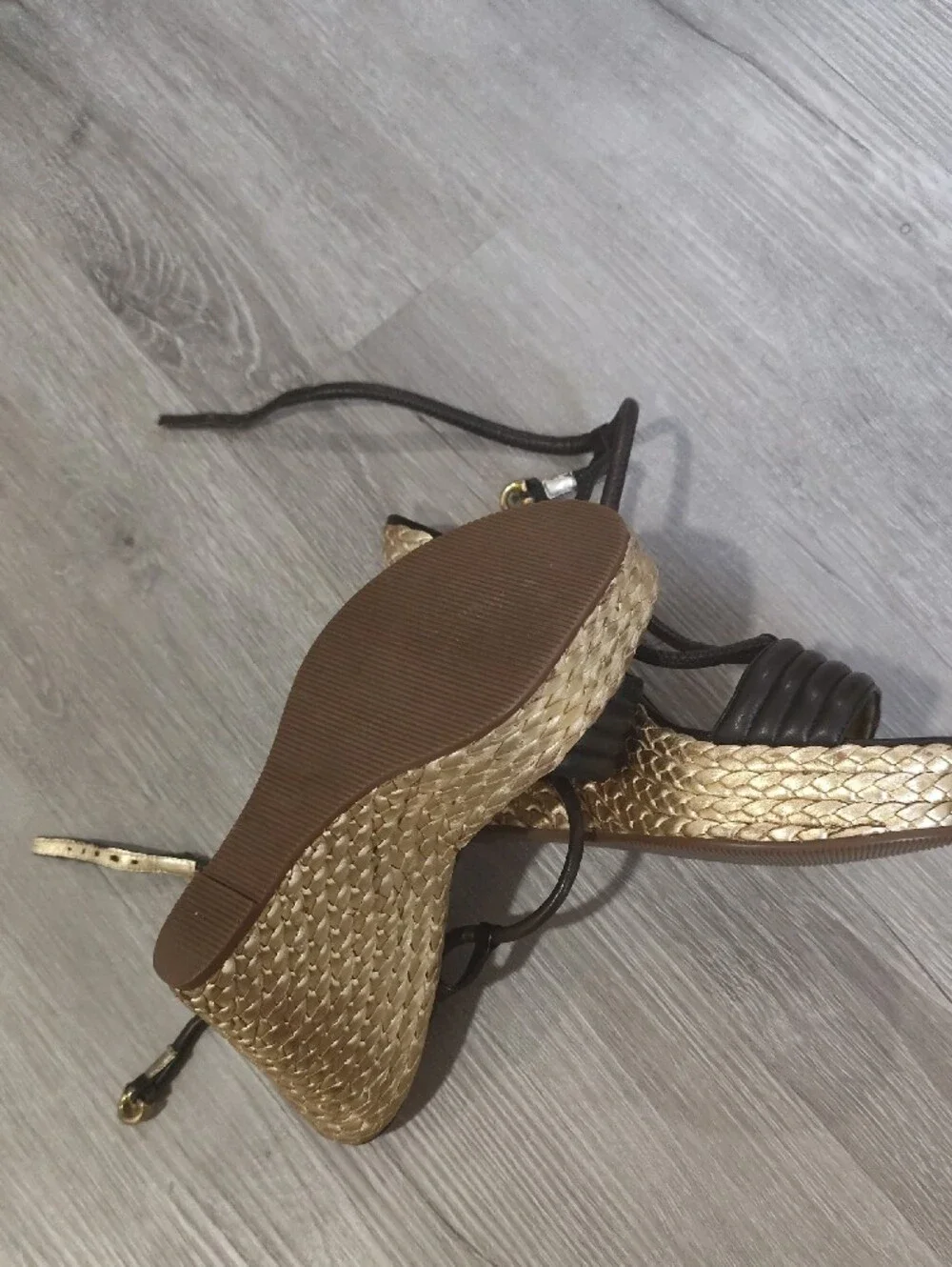 Coach Brown Leather Strappy Platform Heels with Gold Insole